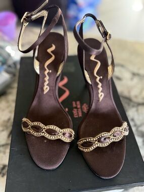 Nina Chocolate Satin Ankle-Strap Heels with Gold Embellishment